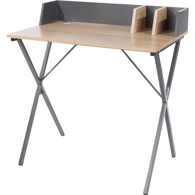 Loft Home Office Study Desk, Oak Effect Top With Grey Metal Cross Legs