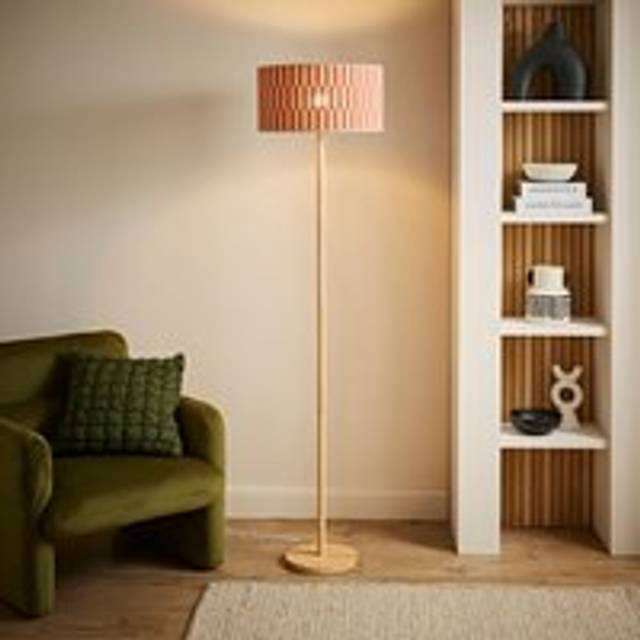 ValueLights Heather Light Wood Floor Lamp and Orange Checker Bamboo Drum Shade in Pale Orange - One Size