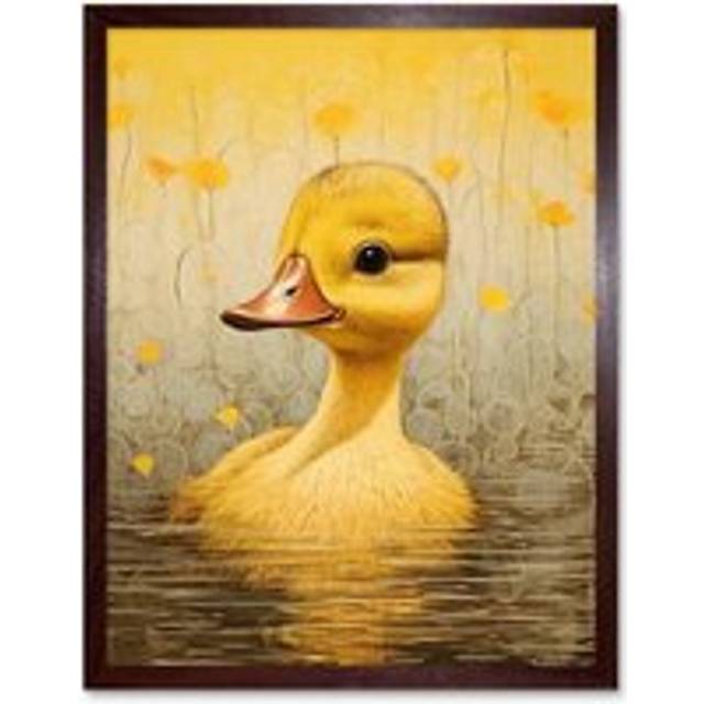 Wall Art Print Yellow Duckling Kids Bedroom Baby Nursery Calm Elegant Artwork Art Framed - Brown - W12 inch x H16 inch