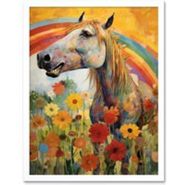 Wall Art Print Girls Bedroom Nursery Artwork Rainbow Horse With Flowers Bright Colourful Happy Art Framed - White - W12 inch x H16 inch
