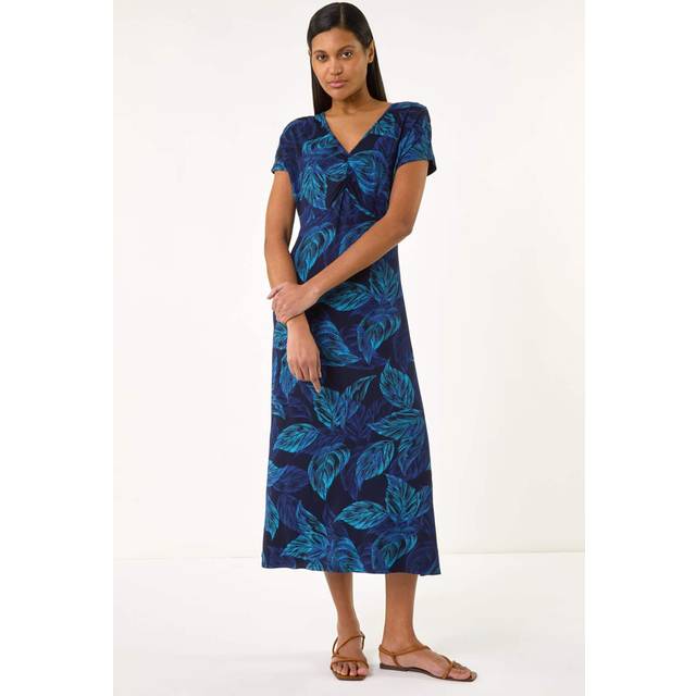 Leaf Print Ruched Midi T-Shirt Dress - Navy - 10