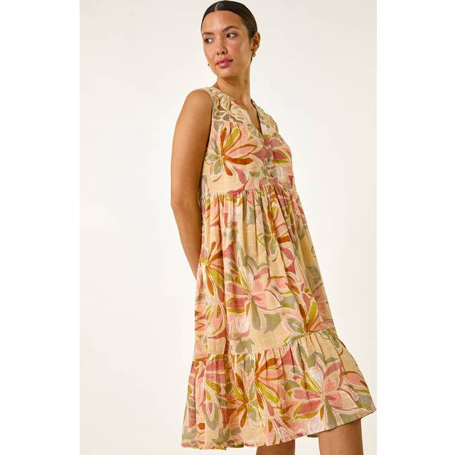 Leaf Print Lace Detail Smock Dress - Peach - 16