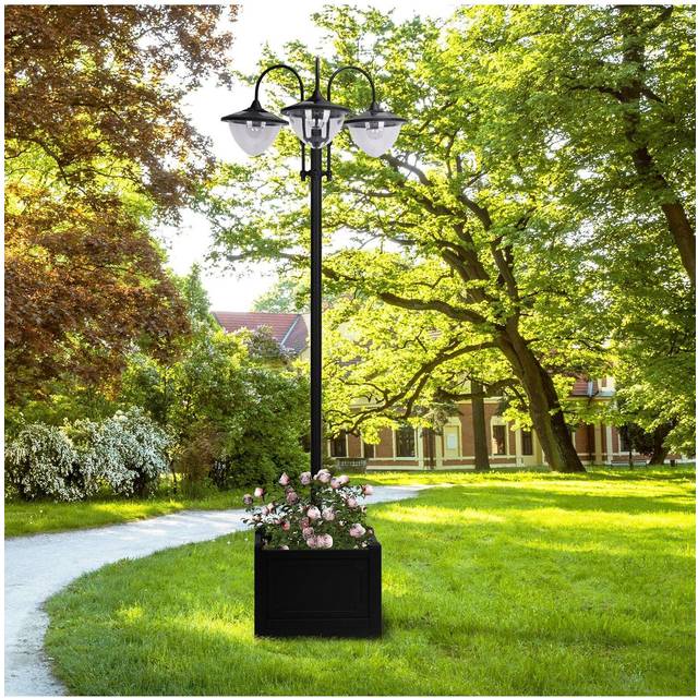 Outsunny 3-head LED Solar Light Lamp Street Light Post with Planter Base, Black, Black