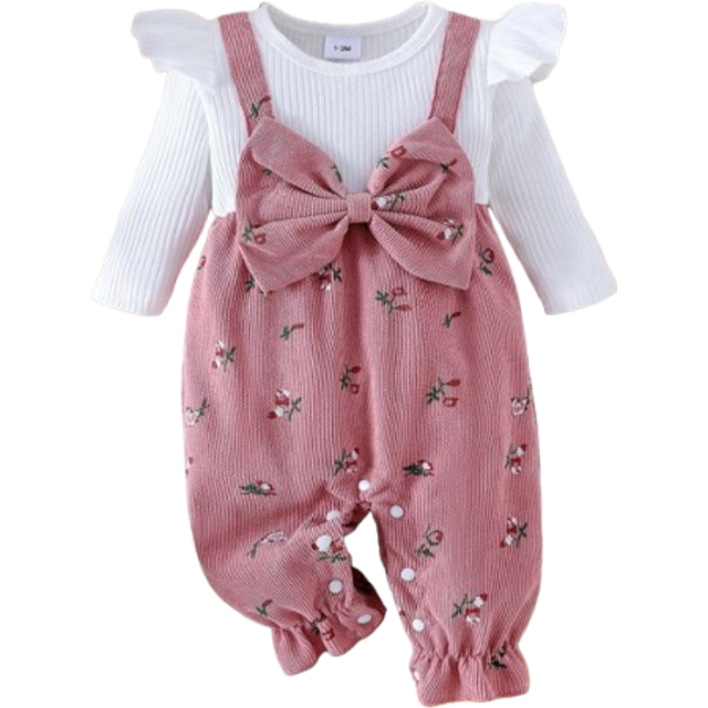 SHEIN Baby Girl Ditsy Floral Jumpsuit With Bow Decor & Headband, Spring Autumn