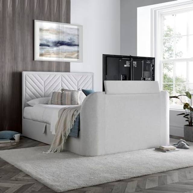 Sherlock - Double - Ottoman Storage TV Bed - Natural - Fabric - 4ft6 - Happy Beds