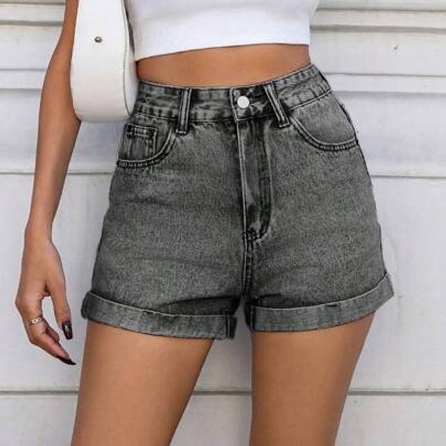SHEIN Mobula Sound# Fashionable Y2K Music Festival Sexy Casual Vacation Rolled Hem Straight Leg Denim Shorts For Young Women And Female Students, Summer