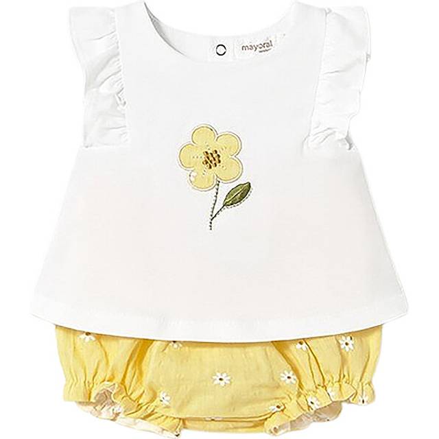 Mayoral Newborn Baby Girls Yellow Cotton Flower Shorts Set - White/Yellow - 4-6 month