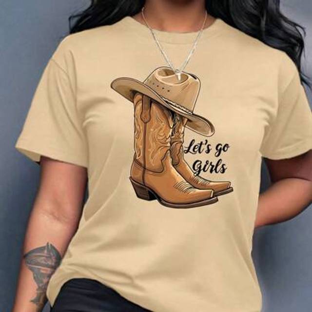 SHEIN Women&#39;s Short Sleeve Cowboy Boots And Hat Monogram Print T-Shirt Casual Short Sleeve Crew Neck Top