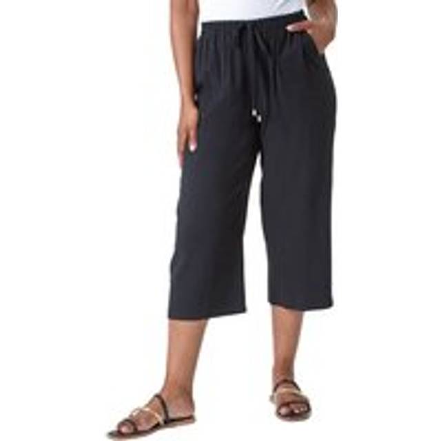 Linen Mix Wide Cropped Trousers - Black - 18