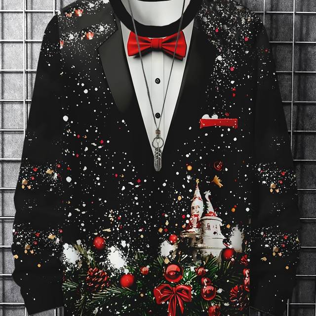 TEMU Men's Christmas Long Sleeve T-shirt - Casual Polyester Crew Neck With Santa & Tree Print, Machine Washable, , Christmas Garland