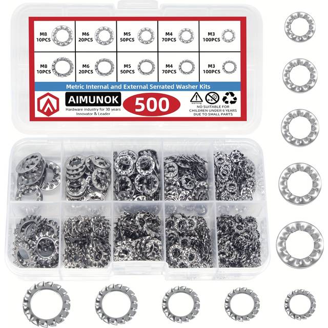 TEMU 500pcs 304 Stainless Steel External Internal Tooth Star Lock Washers Assortment Kit, 5 Sizes M3 M4 M5 M6 M8