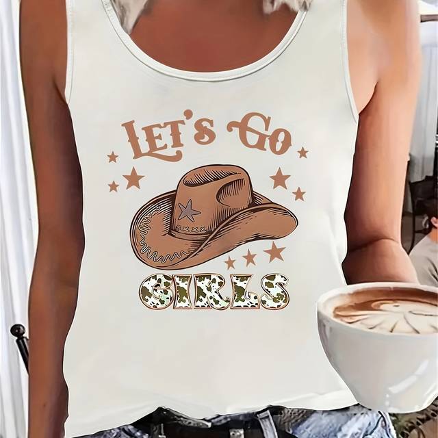 TEMU Women's Western Cowgirl Graphic Sleeveless Tank Top - "let' S" Glitter Lettering & , Black A-line Summer Top, Breathable Round Neck Casual Shirt For Outdoor Events, Summer Tank Tops