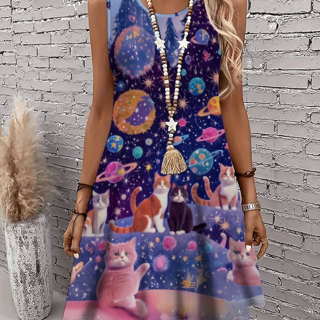 TEMU Women's Plus Size Summer Sleeveless A-line Dress - Whimsical Floral & Cat Machine-washable Lightweight Dress For Spring/summer, Summer Dresses