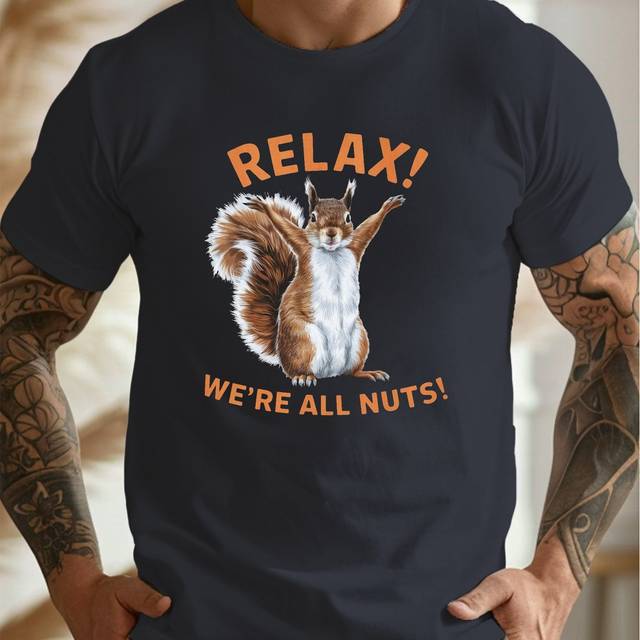 TEMU 1pc Men's Summer Casual Crew Neck T-shirt With Squirrel Graphic, Polyester Knit, Stretchy, Lightweight, Regular Fit, With "relax We' Nuts" Print