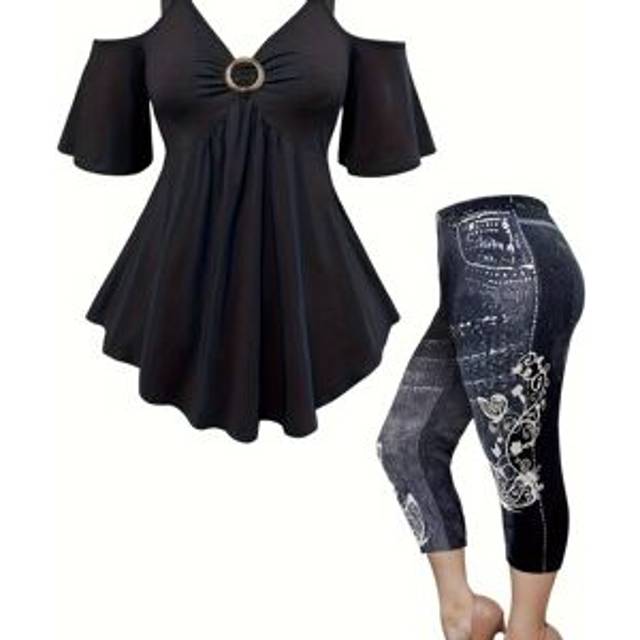 TEMU Plus Size Elegant Leggings Set, Solid Cold Shoulder Ring Decor Top & Allover Print Capris Leggings Outfits, Women's Plus Size Clothing