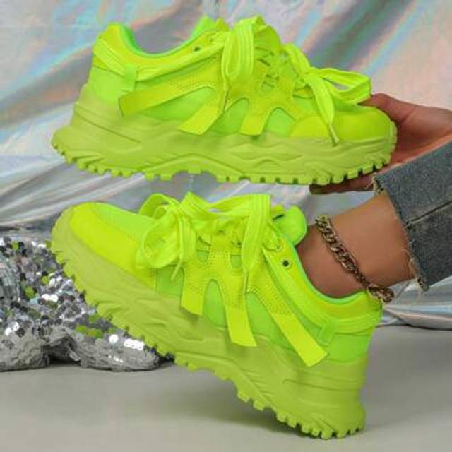 SHEIN Women&#39;s Neon Green Stylish Fashion Sneakers, Lace-Up, Non-Slip, Wedge Chunky Chunky Sneakers, Suitable For Holiday Parties, Gatherings, Fashionable Ou