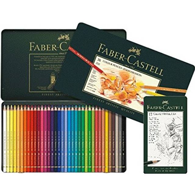 Faber-Castell Polychromos Colouring Pencils Various Designs to Choose From, 36 Metal Case + 12 Castell 9000, Green, 1