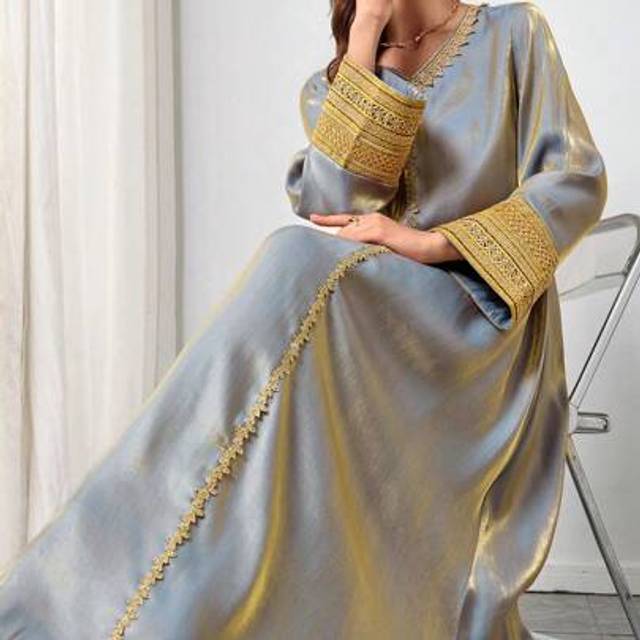 SHEIN Elegant And Noble V-Neck Long-Sleeved Dress With Golden Lace Straps Romantic Dress Lace Dress Elegant Spring Dress, Modest