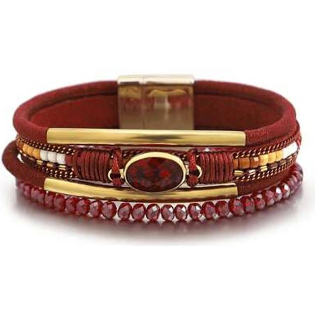 SHEIN 1pc Women&#39;s Mother&#39;s Day Gift Crystal Copper Tube Zirconia Red Leather Bracelet
