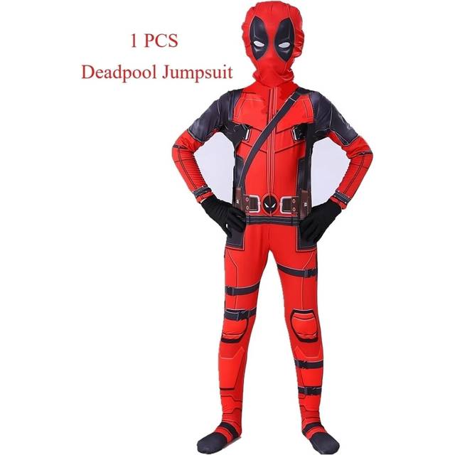 (Deadpool Jumpsuit, 140 CM) Deadpool Costume Kids Superhero Child Cosplay Costumes Jumpsuit Children Deadpool Costume Accessories Man Halloween Bodysu