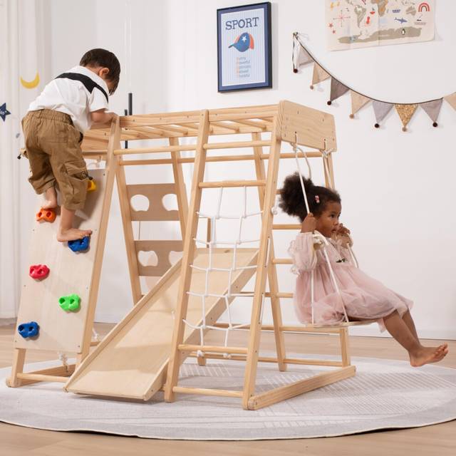 Giant bean Indoor Climbing Frame for Toddlers, Jungle Gym for 2-5yrs Kids,Toddlers Climber Toys 8-in-1 with Slide, Rock Climb Wall, Monkey Bars, Wood