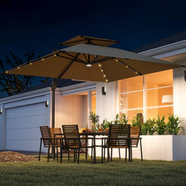 Outsunny 2 Tier Khaki Aluminium Solar LED Crank and Tilt Cantilever Parasol 3.5m - Cream