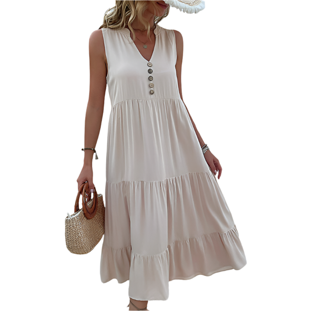 Apricot Flowy Sleeveless Midi Dress Solid Sundress With Decorative Buttons Size Dresses