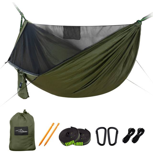Travel Bird Camping Hammock with Mosquito Net and Ridge Rope, 290 * 140CM Large Space, Portable Lightweight Hanging Hammocks with Tree Straps for