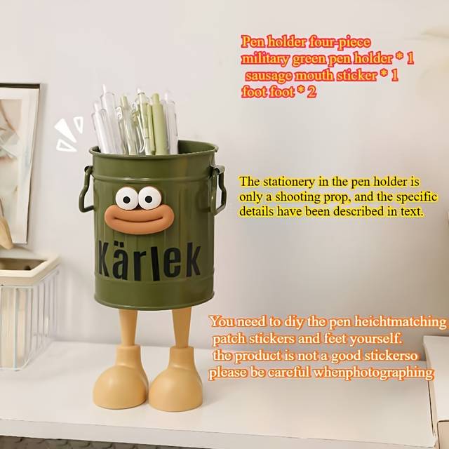 TEMU Cute Pencil Holder For Desk - Standing Pp Plastic Pencil Case With Letter Stickers, Supplies For Women, Includes Green Character With Mouth And , Cute Pencils