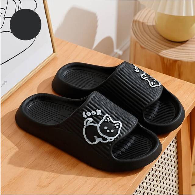 (black, 40-41) Cute Cartoon Kitten Women's Summer Slippers Indoor Bathroom Cloudy Soft Sole Non-slip Leisure Comfort Couple Home Shoes