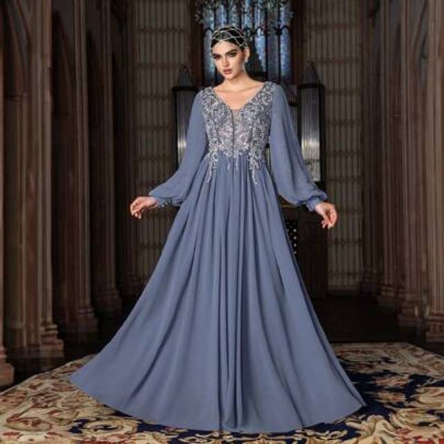 SHEIN Women&#39;s Embroidered V-Neck Long-Sleeve A-Line Formal Gown â Floor-Length Elegant Evening Dress With Structured Silhouette For Black-Tie Galas, Opera
