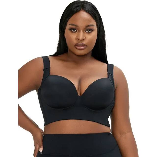 (32/70F) Elosung 32/70A Black Plus Size Seamless Underwire Bra Lift And Support Deep V Sports Back Design For Full Busts Bra Accessories