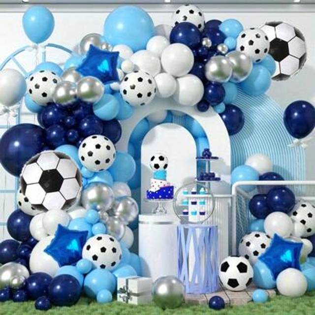 SHEIN 132pcs Soccer Balloon Garland Kit, Football Balloon Arch Kit With Blue White Latex Balloon Soccer Print Balloon For Birthday Sports Football Fan Theme