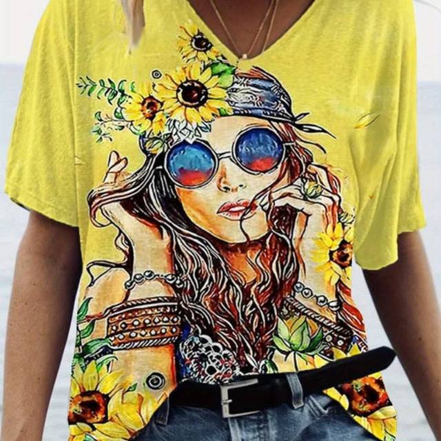 TEMU Women's Vibrant Hippie Graphic Print V-neck T-shirt - Short Sleeve Casual Top With Sunflower & Portrait Design,