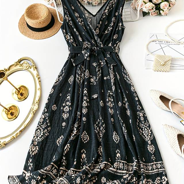 TEMU Plus Size, Plus Size Floral Print Tie-waist Dress