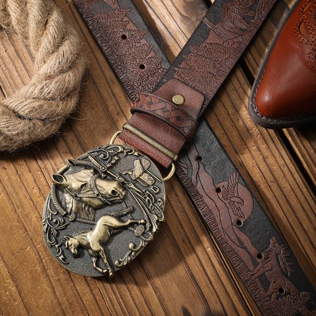 TEMU Western Cowboy Style Round Horse Embossed Leather Belt With Animal Print - Black, Unisex Design For , Jeans And Casual Outfits, Includes Pre-drilled Holes For Easy Attachment, Cowboy Accessories