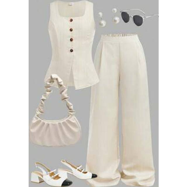 SHEIN Tween Girls Casual Elegant Commute Street Chic Color Striped Button Collar Sleeveless Vest Top And Straight Leg Pants 2 Pieces Outfit Set