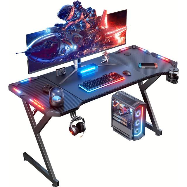 TEMU Led Gaming Desk 140 X 60cm, Gaming Table With Led, Sturdy Pc Desk With Carbon Fiber Coating, Gamer Desk With Cup Holder And Headphone Hook, Black