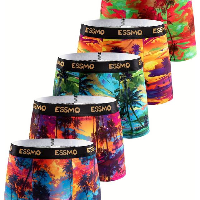 TEMU 5pcs Essmo Men' Luxury Boxer Briefs - Vibrant & Palm , Medium Stretch Fabric, Comfortable & Stylish Underwear, Relaxed Fit Boxers|tropical Print Boxers|stretchable Fabric