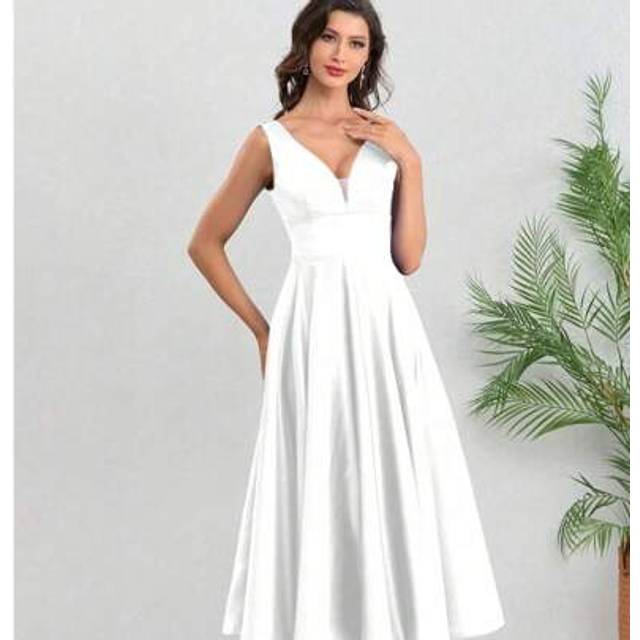 SHEIN Simple V-Neck Sleeveless Sexy A-Line Short Evening Dress Women Pleated Slim Waist Temperament Wedding Party Robe Backless Prom Gowns ,Graduation Dress