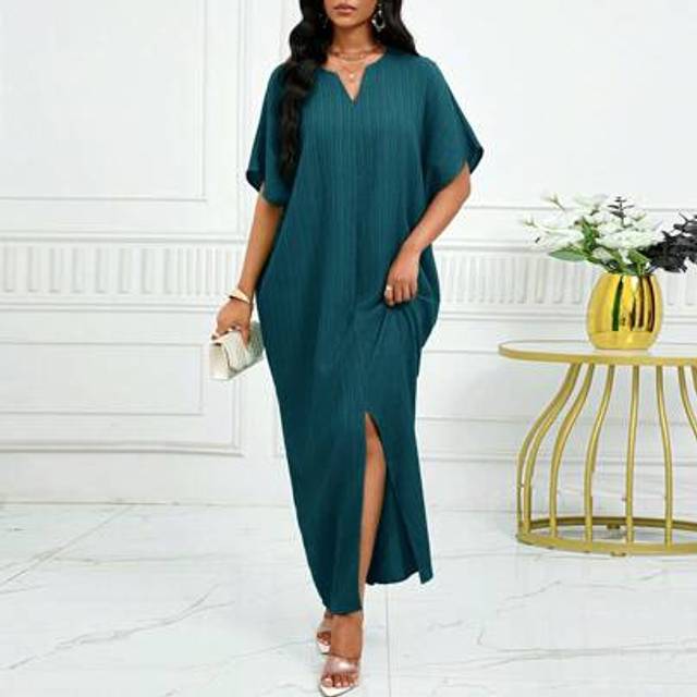 SHEIN Autumn And WinterWorkGreenNotchedBatwing SleeveKaftan Dress