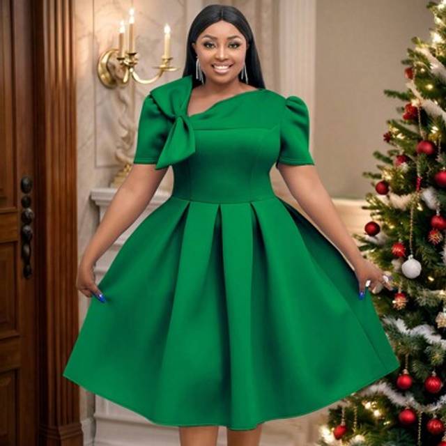 SHEIN Women&#39;s Plus Size Short Sleeve Bow Evening Dress Party Midi Short A-Line Dress Valentine&#39;s Day,For Birthday, Wedding Guest, Graduation, Dinner, Homeco