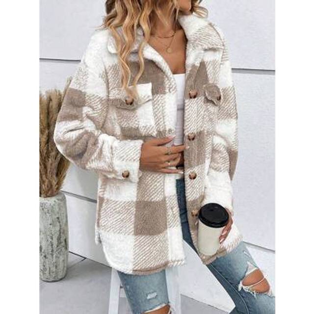 SHEIN Check Drop Shoulder Flap Pocket Teddy Bear Jacket