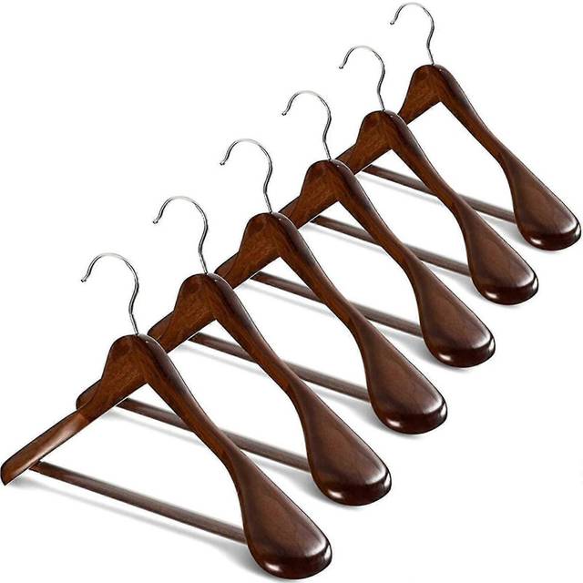 (Brown, One size) 6 Pcs Wide Shoulder Wooden Hangers With Non Ip Pants Bar For Coat Clothes Dress Suit