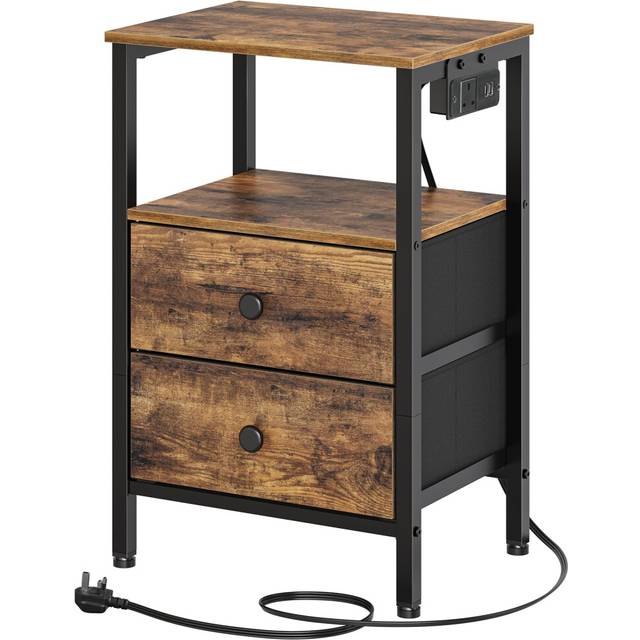 YATINEY Bedside Table with Charging Station, End Table with 2 Drawers and 2 Shelves, Nightstand with Outlet and USB Ports, Industrial Side Table for