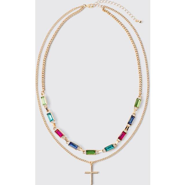 Gold Cross Gem Chain Necklace - Metallics - One Size