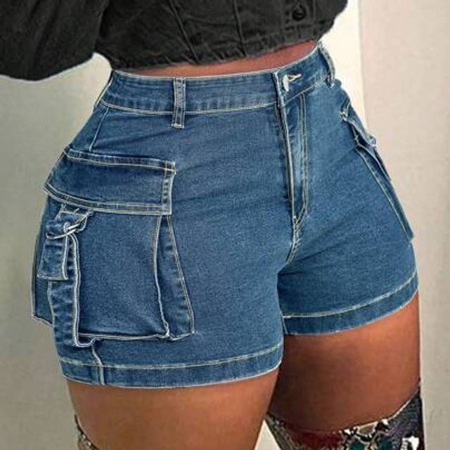 SHEIN Y2K Street High Waist Stretchy Flap Pocket Tape Workwear Skinny Mini Cargo Denim Utility Shorts, Booty Shorts