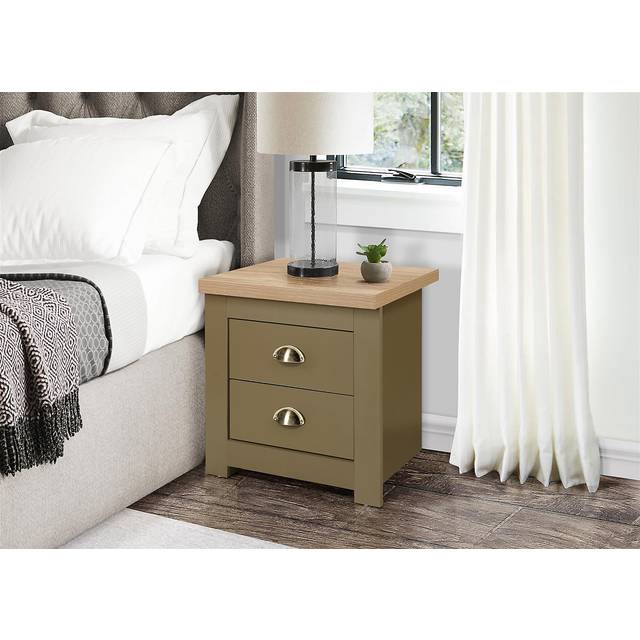 Birlea Highgate 2 Drawer Oak Bedside Table - Green - 48 x 44.6 x 39.5cm