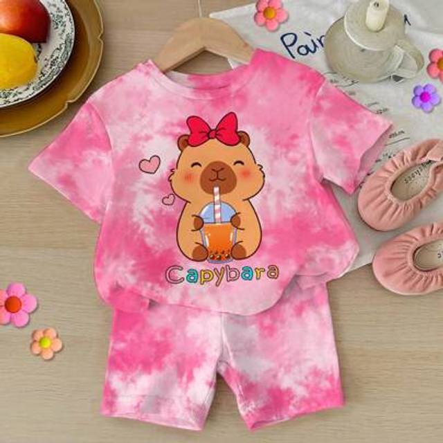 SHEIN Baby Girls&#39; Pink Tie-Dye Cute Cartoon Animal Kapibara Print Casual Short Sleeve Tee And Skinny Leggings Set