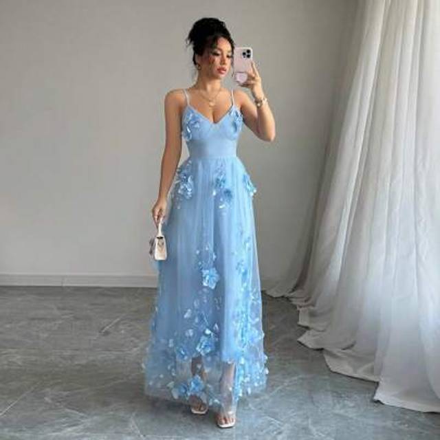 Rafferiza Women&#39;s Romantic Floral Mesh Long Dress, Suitable For Birthday, Wedding Guest Attire, Bridal Gown